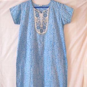 Embroidered Midi Dress, Blue-Gold, Sz 10, NWOT